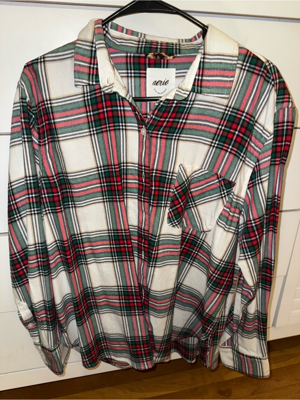 aerie Plaid Button-Up Shirt in Cream, Red & Green